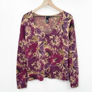 Vintage Lambs Wool Angora Rabbit Floral V Neck Sweater in Purple Size XL